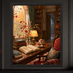Puede incluir: Una impresi&oacute;n de arte mural enmarcada que representa una acogedora escena de biblioteca con un escritorio de madera, un libro abierto, una pila de libros antiguos, una l&aacute;mpara de mesa encendida, una tetera y taza florales, y una ventana con hojas de oto&ntilde;o.