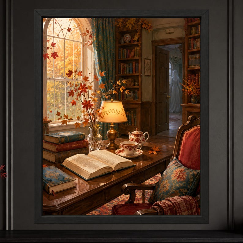 Puede incluir: Una impresi&oacute;n de arte mural enmarcada que representa una acogedora escena de biblioteca con un escritorio de madera, un libro abierto, una pila de libros antiguos, una l&aacute;mpara de mesa encendida, una tetera y taza florales, y una ventana con hojas de oto&ntilde;o.