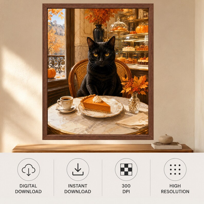 May include: A framed wall art print featuring a black cat sitting at a round marble table in a cafe. On the table sits a slice of pumpkin pie with whipped cream, a cup of coffee, and a small vase of autumn leaves. A window shows fall foliage.