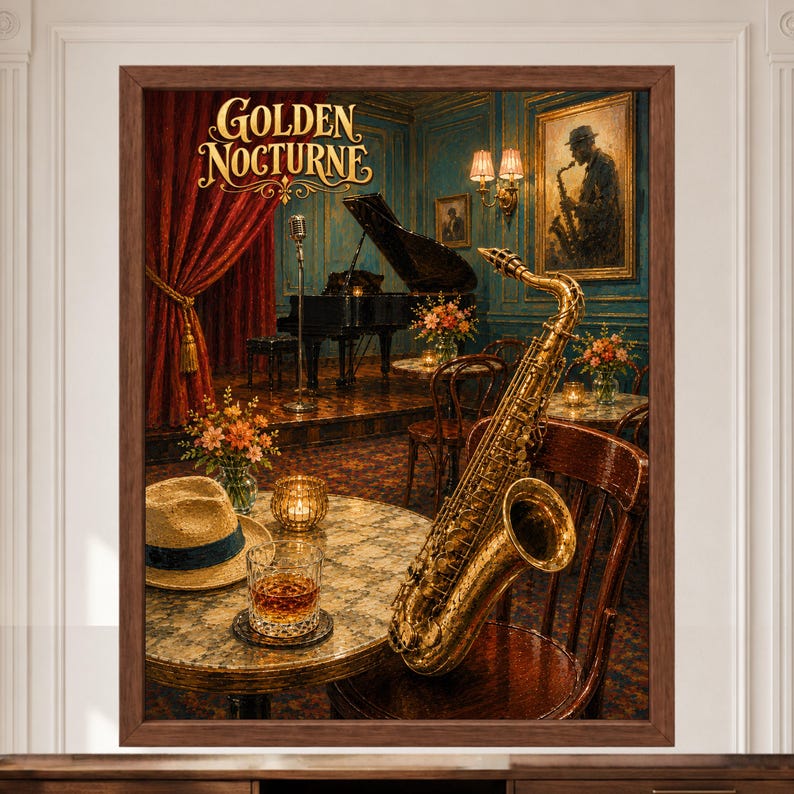 May include: A framed wall art print titled Golden Nocturne featuring a gold saxophone resting on a wooden chair next to a round table with a straw hat and a glass of amber liquid. The background shows a jazz club with a piano and red curtains.