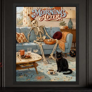 May include: A framed wall art print titled The Morning After featuring a skeleton wearing a party hat lounging on a blue sofa with a black cat sitting on the floor nearby. The scene includes a coffee table with a mug, bowl, and confetti scattered.