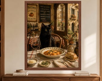 Stampa di pasta in stile trattoria italiana con gatto nero, arte rustica per la sala da pranzo (download digitale)