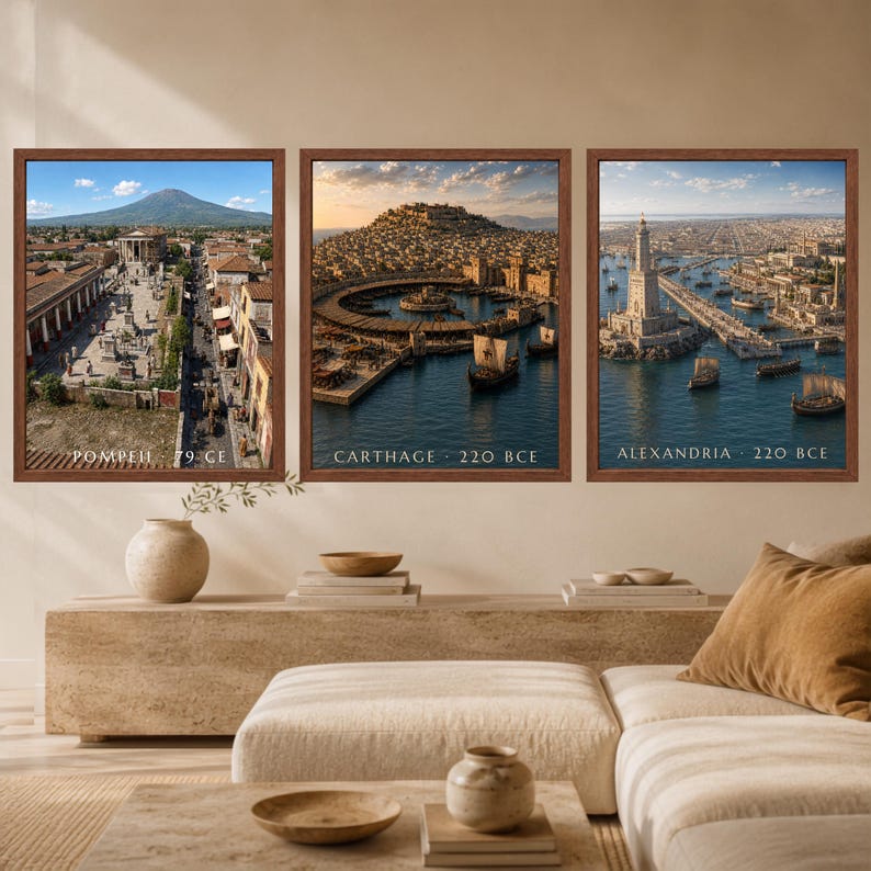 May include: Three framed wall art prints depicting historical cityscapes. The left print shows Pompeii 79 CE, the center print shows Carthage 220 BCE, and the right print shows Alexandria 220 BCE. Each print features a brown frame and detailed scenes.