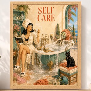 May include: A framed wall art print titled SELF CARE featuring a person in a white robe and hair towel reading a book while a skeleton in a towel and cucumber eye masks relaxes in a clawfoot bathtub with a black cat sitting nearby.