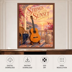 May include: A framed wall art print titled Strings at Sunset featuring a classical guitar on a stand, a wicker chair with a blue throw, and a decorative lantern on a balcony overlooking a coastal sunset with pink flowers and a sea view.