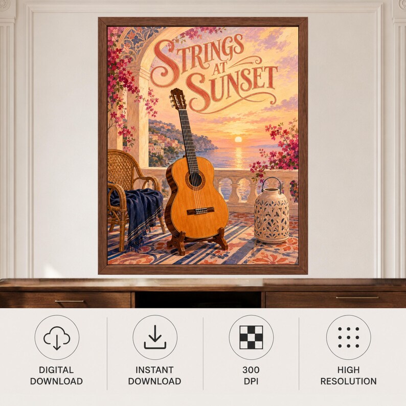 May include: A framed wall art print titled Strings at Sunset featuring a classical guitar on a stand, a wicker chair with a blue throw, and a decorative lantern on a balcony overlooking a coastal sunset with pink flowers and a sea view.