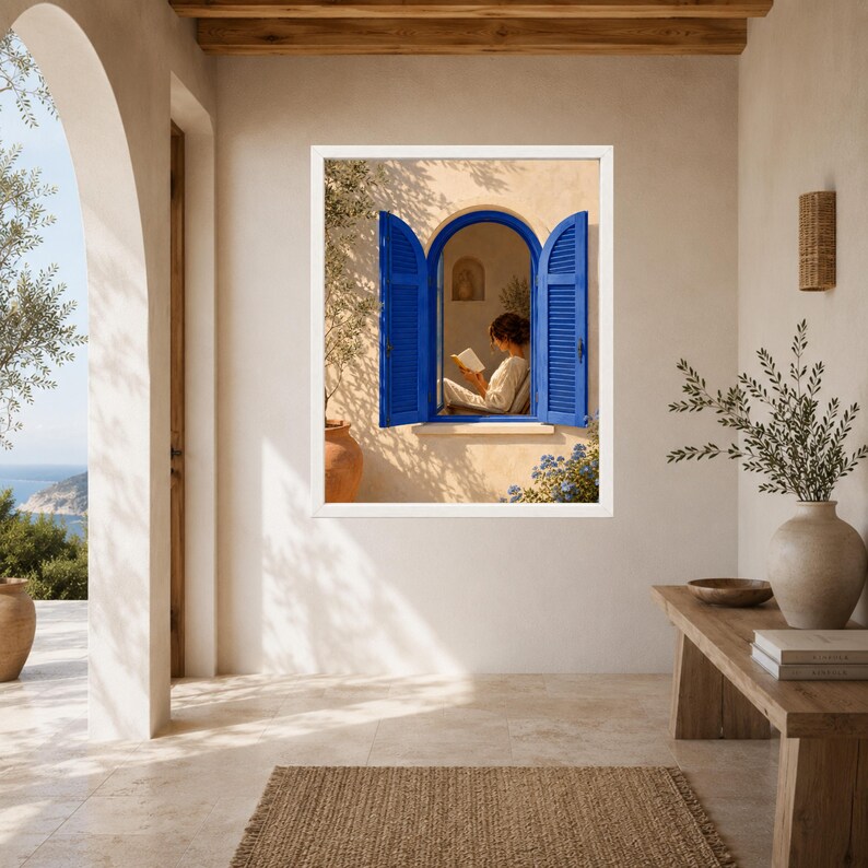 May include: A framed wall art print depicting an arched window with vibrant blue shutters set into a beige stucco wall. Inside the window, a person sits reading a book. The scene includes an olive tree in a terracotta pot and blue flowers.