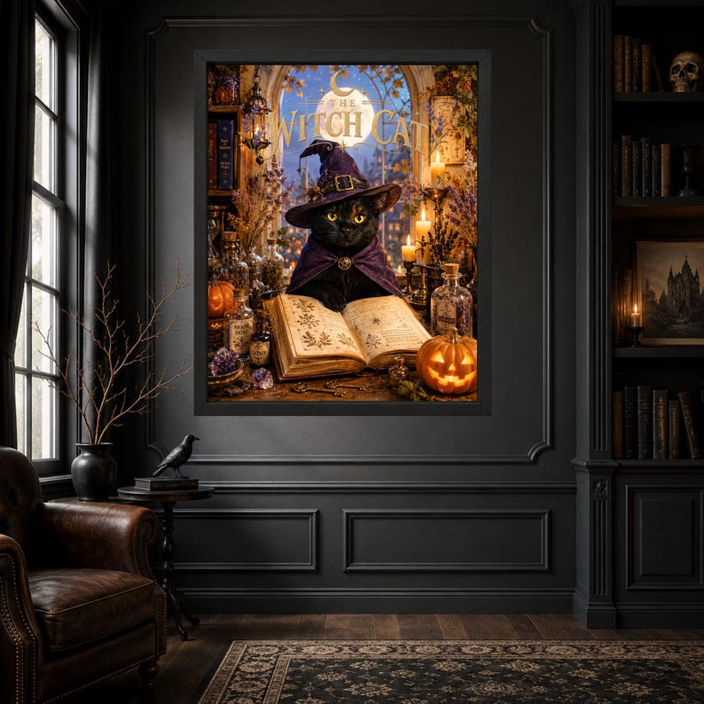 May include: A framed wall art print titled The Witch Cat featuring a black cat wearing a purple witch hat and cape, reading an open spellbook. The scene includes glowing candles, glass potion bottles, and a carved jack-o'-lantern pumpkin.