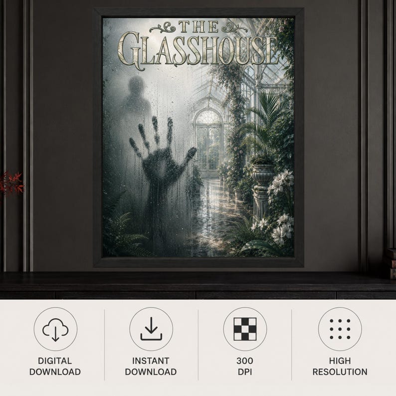 May include: A framed wall art print titled THE GLASSHOUSE featuring a dark, misty greenhouse interior with lush green plants, white flowers, and a prominent dark handprint on the glass pane, creating a moody and atmospheric visual composition.