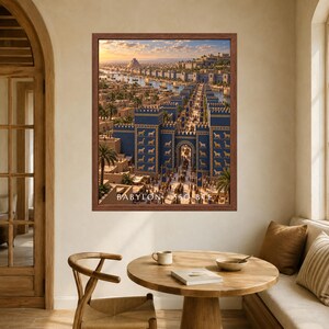 May include: A framed wall art print depicting an ancient city scene with the Ishtar Gate in blue, featuring golden animal reliefs, a river, and a sunset sky. The text BABYLON 550 BCE is printed at the bottom of the image within the dark brown frame.