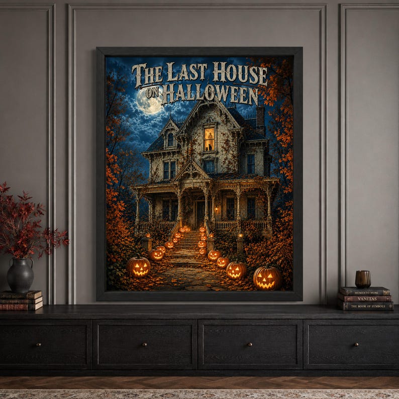 Framed haunted house Halloween wall art featuring a Victorian home beneath a full moon, surrounded by autumn trees and glowing jack-o’-lanterns along the pathway, with distressed “The Last House on Halloween” typography.