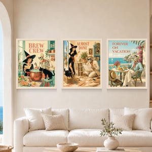 May include: A set of three framed wall art prints featuring vintage-style illustrations. The first shows a witch and skeleton with the text BREW CREW. The second depicts a witch and skeleton with the text ALMOST DONE. The third shows a skeleton with the text FOREVER ON VACATION.