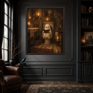 Gothic Ghost Reading on Toilet Print, Black Cat Bathroom Art (Digital Download) image 5