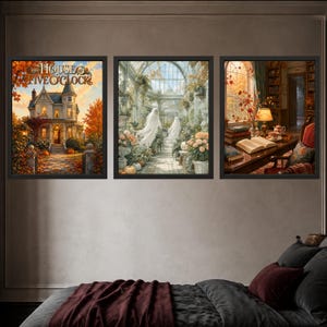 May include: A set of three framed wall art prints. The left print shows a Victorian house with the text The House at Five O'Clock. The center print depicts two ghosts in a glass greenhouse. The right print shows a desk with an open book and lamp.