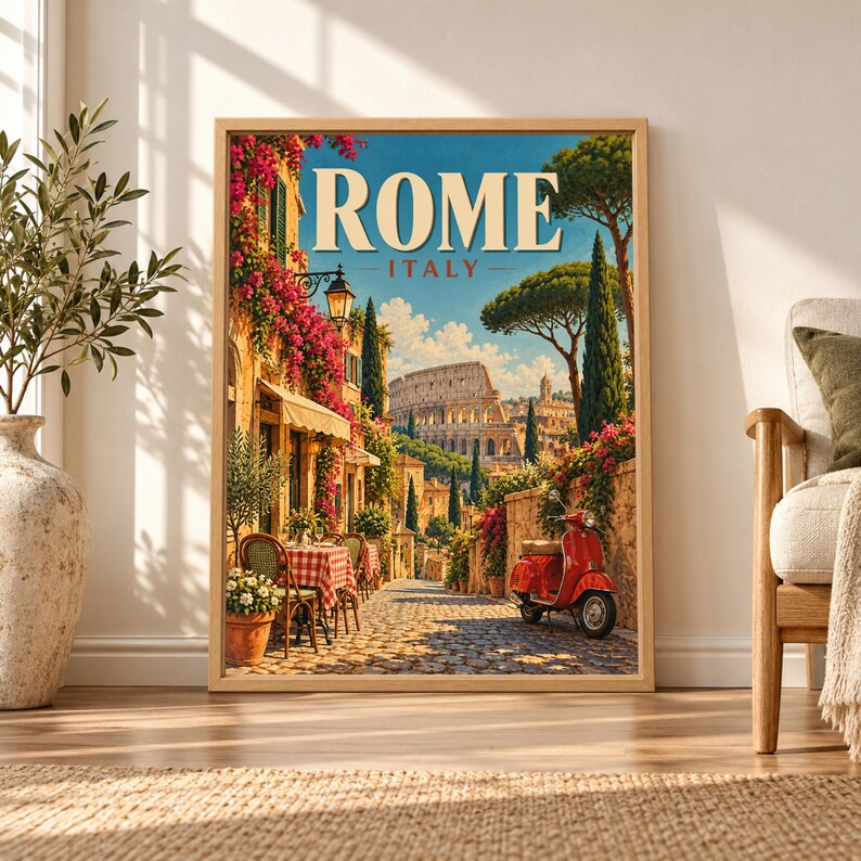 Framed Rome Italy travel poster showing the Colosseum at the end of a sunny cobblestone street with a red scooter, café tables, flowering vines, cypress trees and classic Roman buildings.