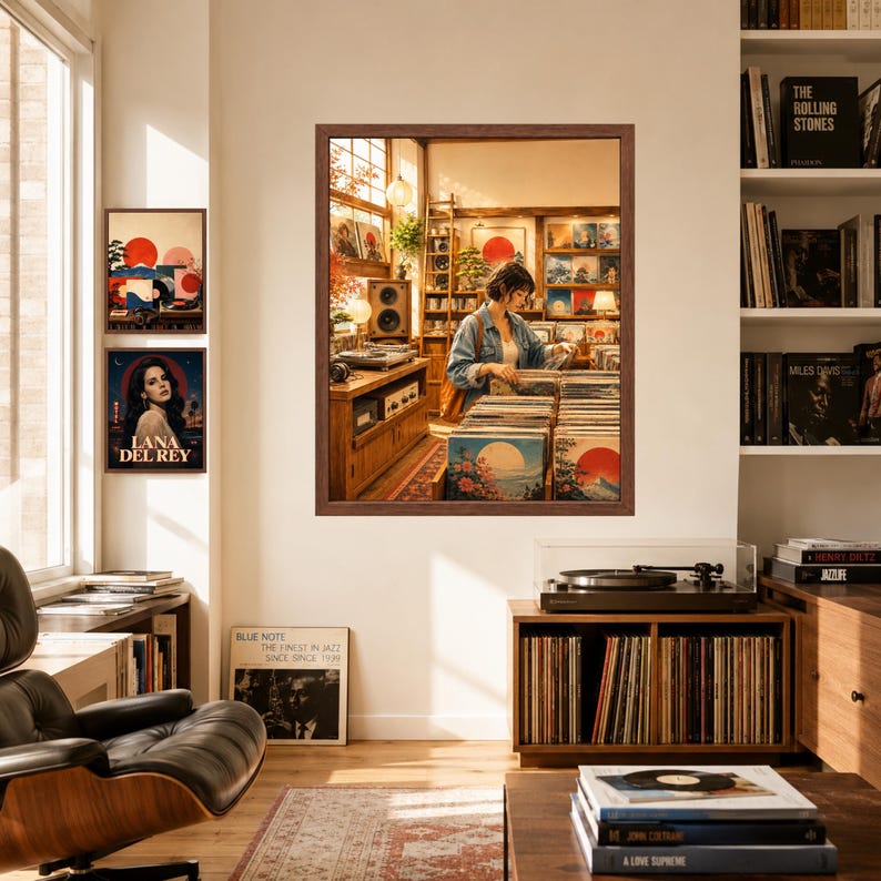 May include: A framed wall art print depicting a person browsing through vinyl records in a shop, featuring warm lighting, wooden shelves, and record covers with sun motifs. The artwork is displayed on a wall alongside two other framed prints.