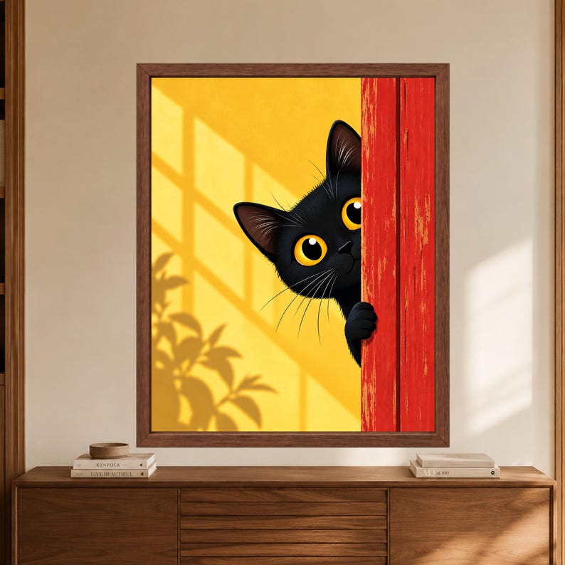 May include: A framed wall art print featuring a black cat with large yellow eyes peeking from behind a bright red wooden door. The background is a vibrant yellow wall with a window shadow casting a silhouette of leaves across the surface.