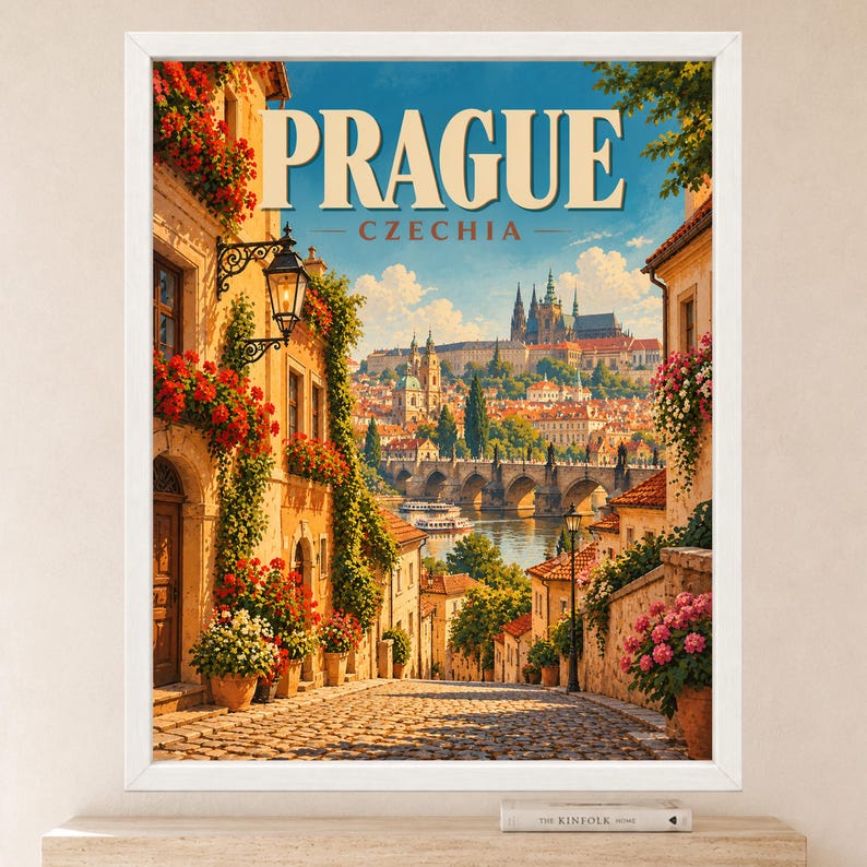 Prague Travel Poster, Charles Bridge Wall Art, Prague Castle Czech Republic Print, Digital Download image 2