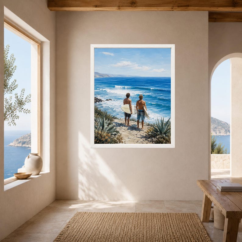 Puede incluir: Una impresi&oacute;n art&iacute;stica enmarcada que muestra a dos surfistas de pie en un acantilado con vistas a un oc&eacute;ano azul con olas. La escena presenta plantas de agave en primer plano, un cielo despejado y los surfistas sosteniendo tablas blancas.
