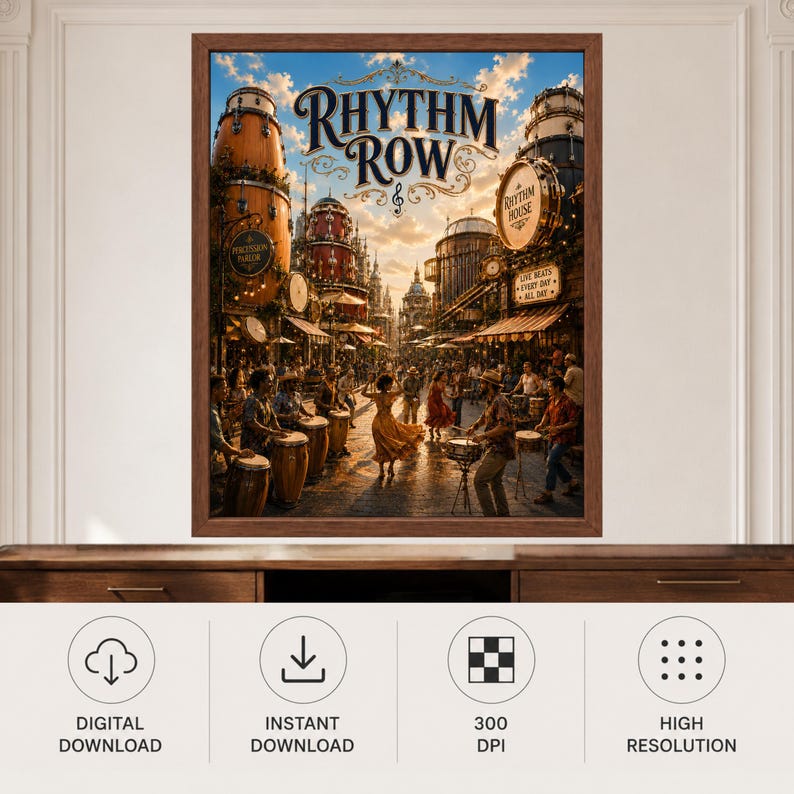 May include: A framed wall art print titled Rhythm Row featuring a bustling street scene with buildings shaped like drums and percussion instruments. People are dancing and playing music in the golden light of a sunset under a cloudy blue sky.