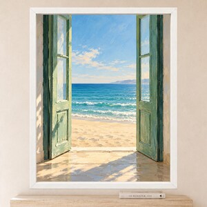 Open Door Sea View Print, Mediterranean Coastal Art, Green Door Beach Decor (Digital Download) image 2