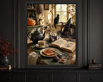 Cottagecore Witch Kitchen Print, Black Cat, Autumn Tea Scene (Digital Download)