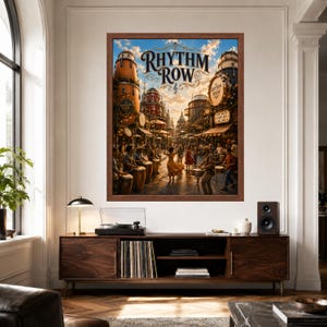 May include: A framed wall art print titled Rhythm Row featuring a bustling street scene with people playing various drums and percussion instruments under a golden sunset sky, with architectural details and musical signage throughout the composition.