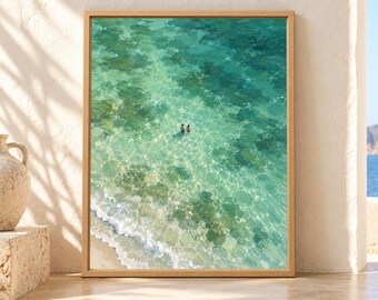 Aerial Turquoise Sea Swimmers Print, Coastal Beach Art (Digital Download)