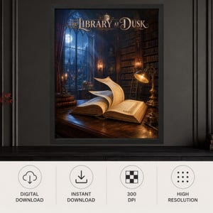 May include: A framed wall art print titled The Library at Dusk, featuring an open book on a wooden desk, a glowing brass lamp, tall bookshelves, and a large window showing a moonlit castle scene with a full moon in a dark blue night sky.