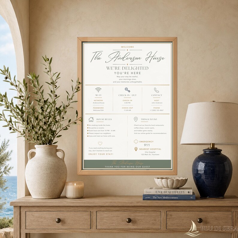 May include: A framed welcome sign for The Anderson House featuring guest information, Wi-Fi details, check-in times, house rules, and emergency contacts. The sign has a white background with dark text and a sage green bottom border.