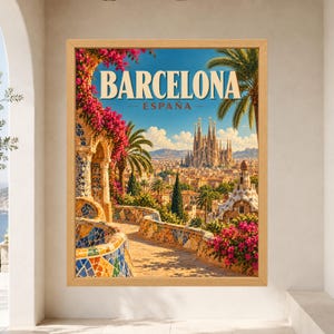 May include: A framed travel poster featuring a view of Barcelona, Espa&ntilde;a, with the text BARCELONA ESPA&Ntilde;A at the top. The scene shows a mosaic-tiled walkway, vibrant pink bougainvillea, palm trees, and the Sagrada Familia in the distance.