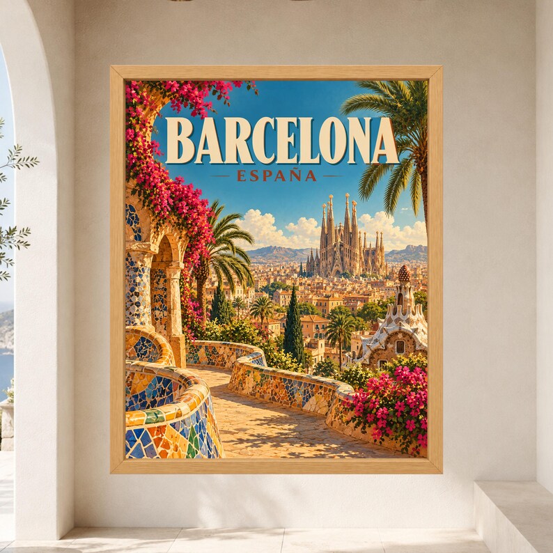 May include: A framed travel poster featuring a view of Barcelona, Espa&ntilde;a, with the text BARCELONA ESPA&Ntilde;A at the top. The scene shows a mosaic-tiled walkway, vibrant pink bougainvillea, palm trees, and the Sagrada Familia in the distance.