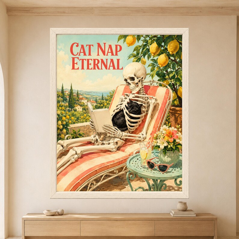 Framed Cat Nap Eternal wall art showing a skeleton reading on a coral striped sun lounger with a sleeping black cat curled inside its ribcage beneath a lemon tree on a sunny Mediterranean terrace.