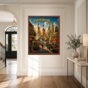 May include: A framed wall art print titled Violin Wharf, depicting a fantasy cityscape with floating violins, a vintage streetcar, and a canal scene. The artwork features warm golden tones, detailed architecture, and a blue sky with clouds.