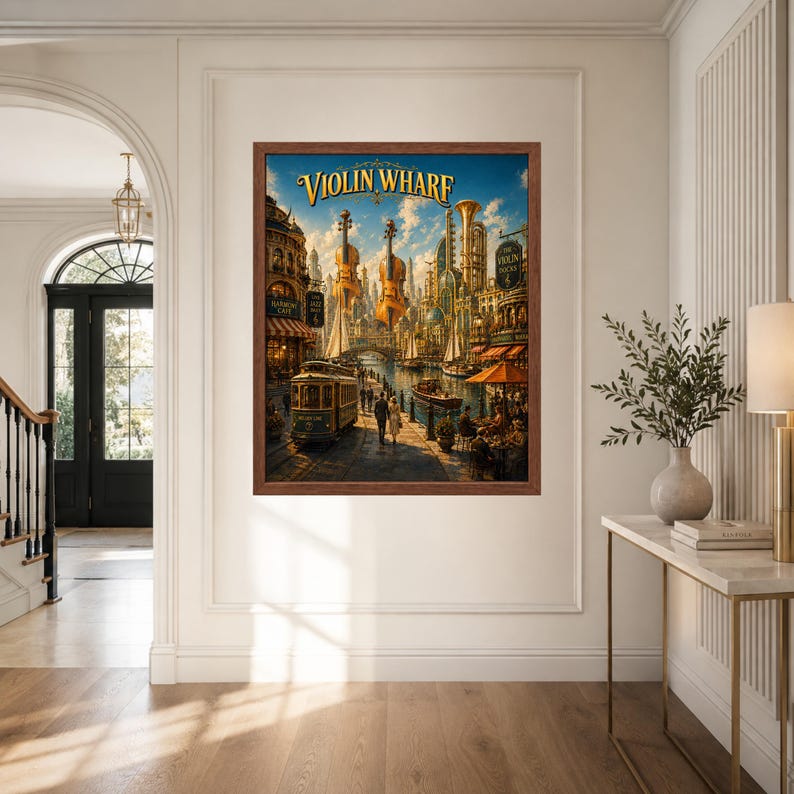 May include: A framed wall art print titled Violin Wharf, depicting a fantasy cityscape with floating violins, a vintage streetcar, and a canal scene. The artwork features warm golden tones, detailed architecture, and a blue sky with clouds.