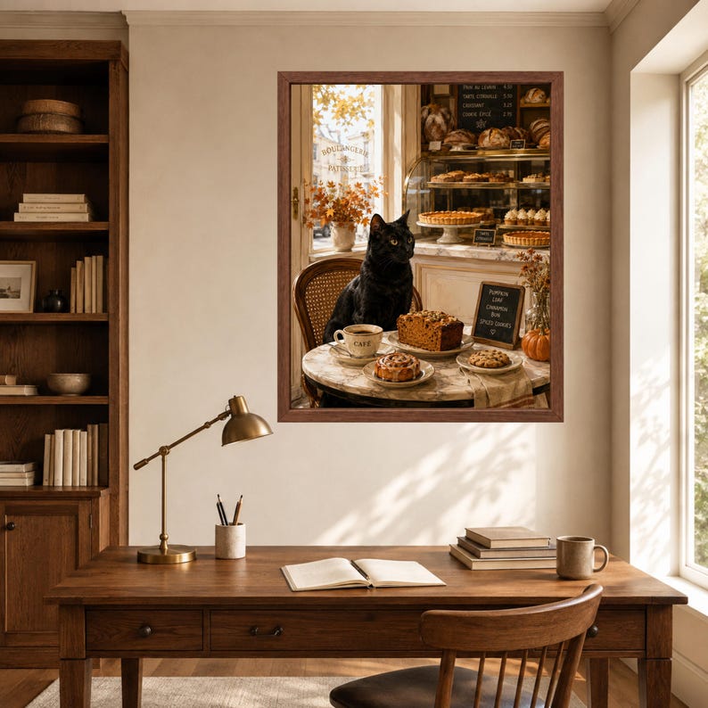 Pode incluir: Uma impress&atilde;o art&iacute;stica emoldurada retratando um gato preto sentado a uma mesa redonda de m&aacute;rmore numa padaria. A mesa cont&eacute;m uma ch&aacute;vena de caf&eacute;, uma fatia de bolo e um doce. Ao fundo, uma vitrine cheia de produtos de pastelaria e um quadro.