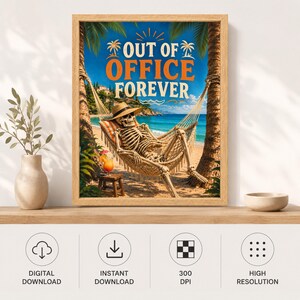 Póster divertido de esqueleto en hamaca de playa, arte de vacaciones tropicales (descarga digital) imagen 11