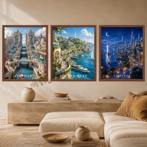 May include: Three framed wall art prints featuring fantasy cityscapes. The left print shows Tidemaris with stone architecture and canals. The center print depicts Solara Quay with coastal buildings. The right print shows Lunevia at night.