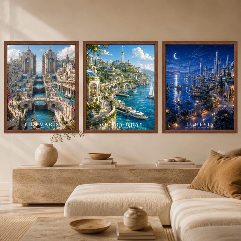 May include: Three framed wall art prints featuring fantasy cityscapes. The left print shows Tidemaris with stone architecture and canals. The center print depicts Solara Quay with coastal buildings. The right print shows Lunevia at night.