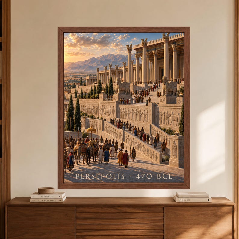 Framed Persepolis 470 BCE wall art showing a reconstructed ancient Persian palace complex with monumental columns, carved stone stairways, ceremonial crowds and mountains under a warm sunset sky.