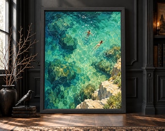 Aerial Swimmers Print, Emerald Cove Turquoise Ocean Art (Digital Download)
