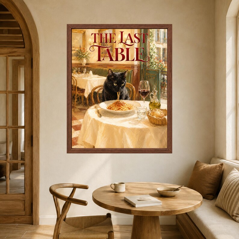 Pu&ograve; includere: Una stampa artistica incorniciata intitolata THE LAST TABLE che raffigura un gatto nero seduto a un tavolo da ristorante mentre mangia un piatto di spaghetti. La scena include un calice di vino, una caraffa d'olio e un cestino del pane.