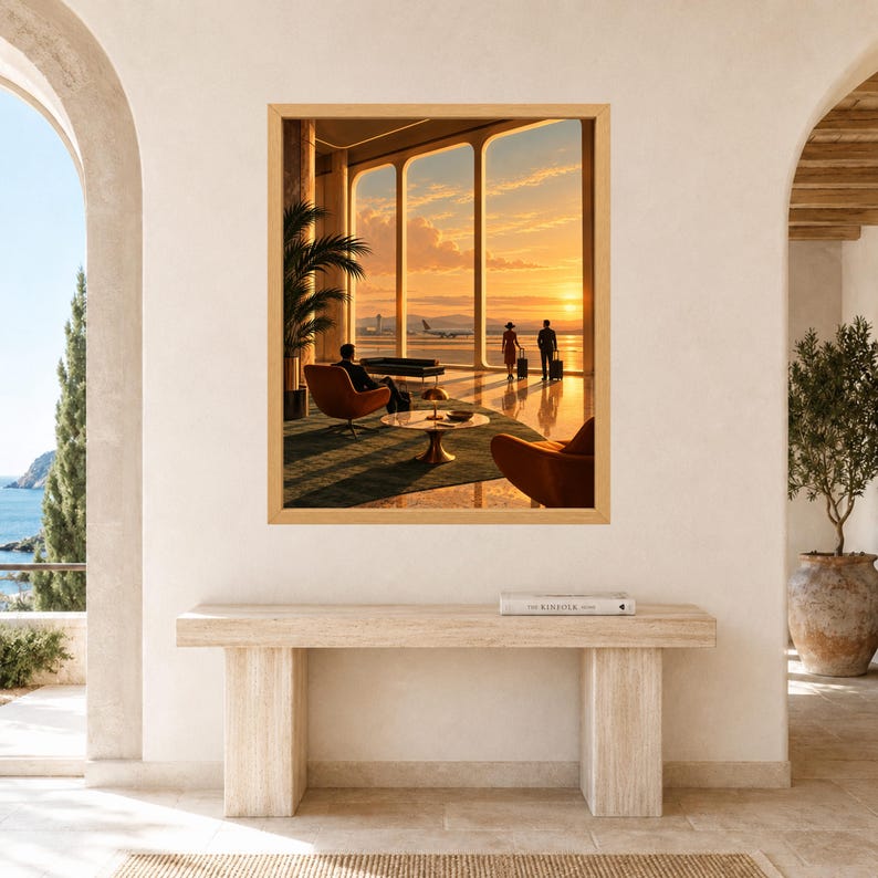Kunstdruck einer Flughafenlounge im Stil der Mitte des 20. Jahrhunderts, Poster „Sunset Aviation“ (Digitaler Download) Bild 7