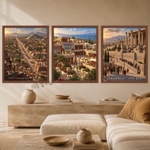 May include: A set of three framed wall art prints depicting historical cityscapes. The left print shows Teotihuacan 100 CE, the center print shows Knossos 1400 BCE, and the right print shows Persepolis 470 BCE, each with detailed architectural illustrations.