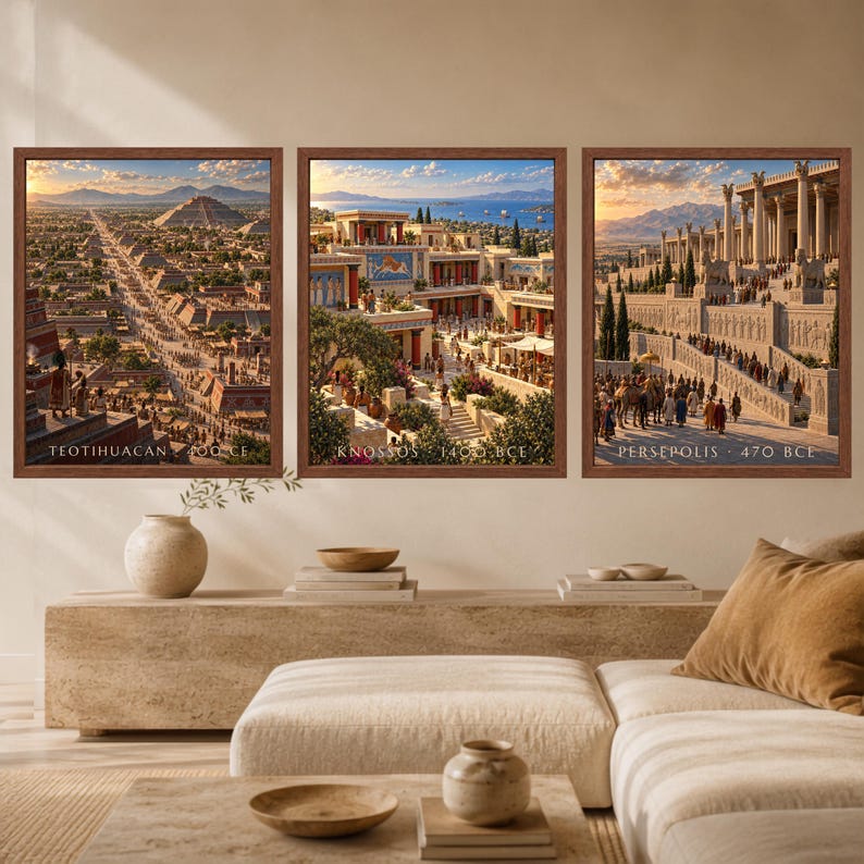 May include: A set of three framed wall art prints depicting historical cityscapes. The left print shows Teotihuacan 100 CE, the center print shows Knossos 1400 BCE, and the right print shows Persepolis 470 BCE, each with detailed architectural illustrations.