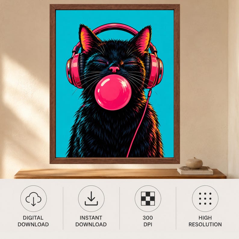 Kopfhörer mit schwarzer Katze im Kaugummi-Design, Pop-Art-Musikzimmer-Dekoration (Digitaler Download) Bild 10