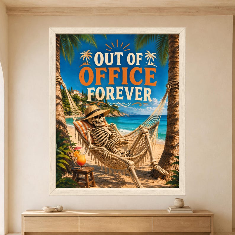 Póster divertido de esqueleto en hamaca de playa, arte de vacaciones tropicales (descarga digital) imagen 9