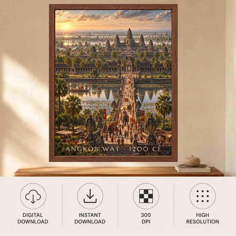 Angkor Wat 1200 CE Reconstructed Cityscape Print, Khmer Empire Art (Digital Download) image 10