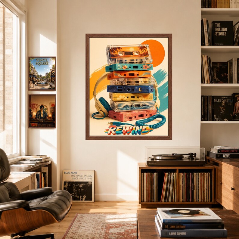 Puede incluir: Una l&aacute;mina de arte enmarcada que muestra una pila de cintas de casete coloridas con unos auriculares envueltos alrededor. El dise&ntilde;o incluye un sol naranja brillante, pinceladas abstractas y la palabra REWIND en una fuente retro multicolor.