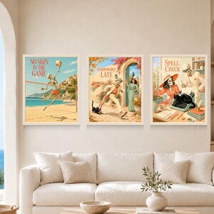 May include: A set of three framed wall art prints featuring skeleton figures. The first shows a skeleton playing volleyball with the text NO SKIN IN THE GAME. The second shows a skeleton running with the text FASHIONABLY LATE. The third shows a skeleton at a typewriter with the text SPELL CHECK.
